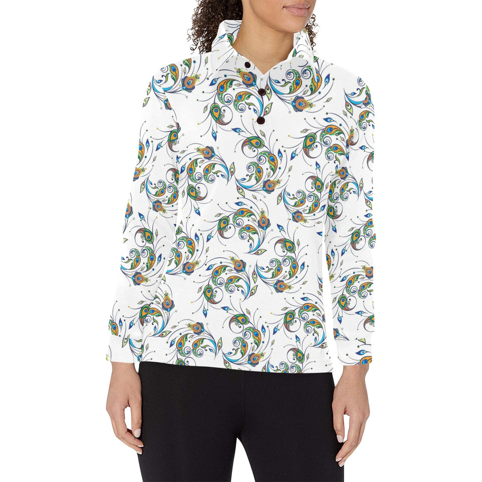 Peacock feather pattern Women's Long Sleeve Polo Shirt