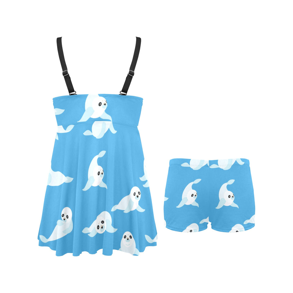 Cute sea lion seal pattern background Chest Sexy Pleated Two Piece Swim Dress