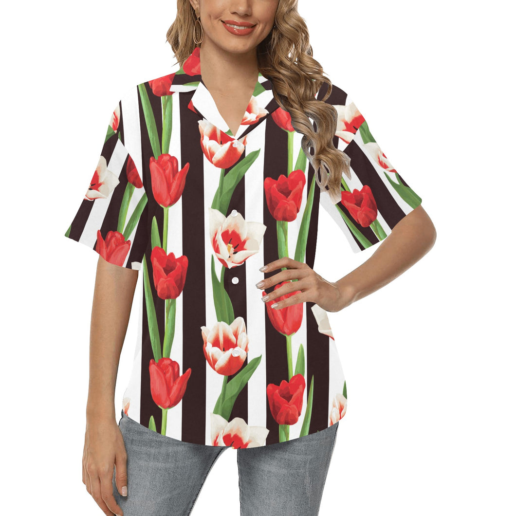 red and white tulips pattern Women's All Over Print Hawaiian Shirt