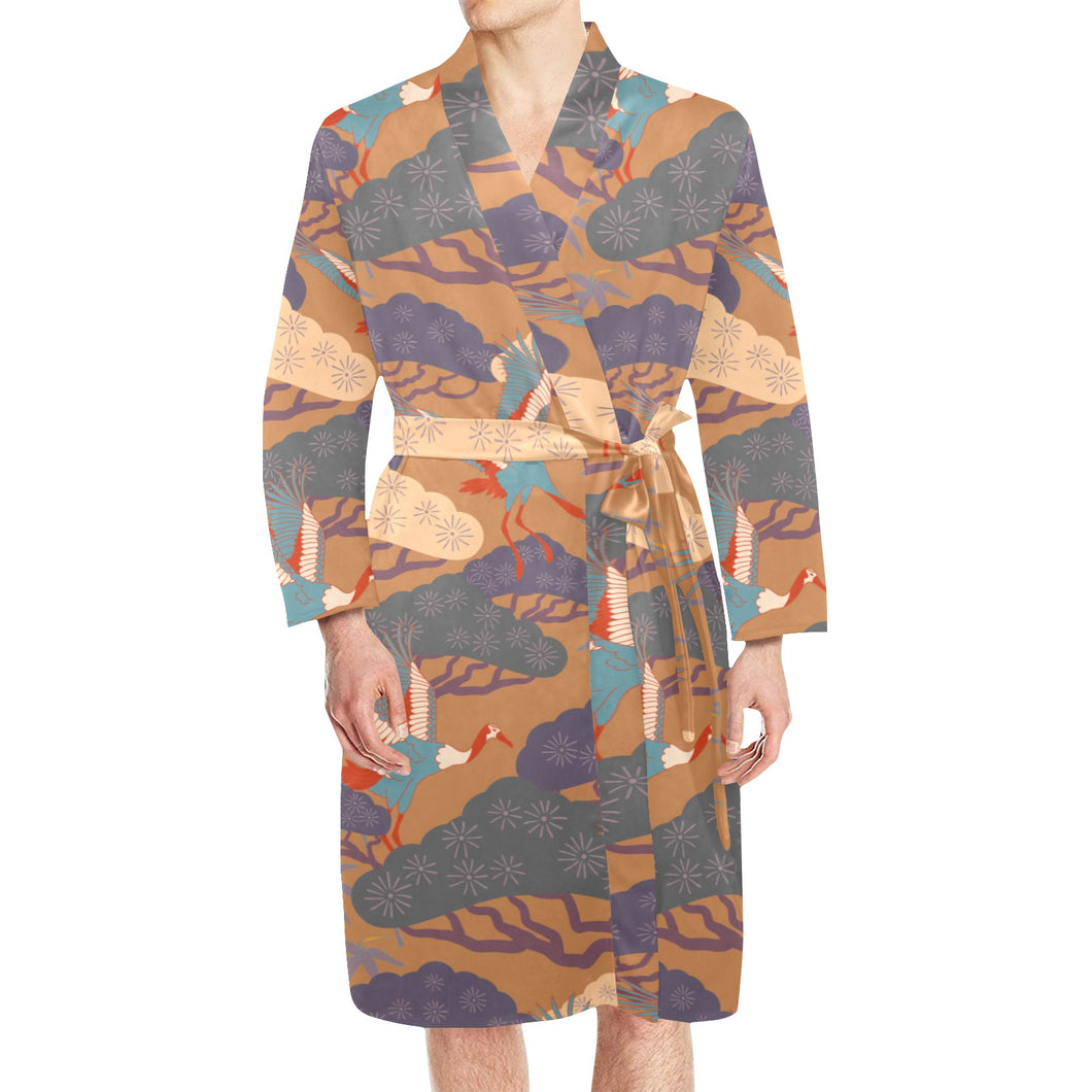 Bonsai bamboo stork japanese pattern brown theme Men's Long Sleeve Belted Night Robe