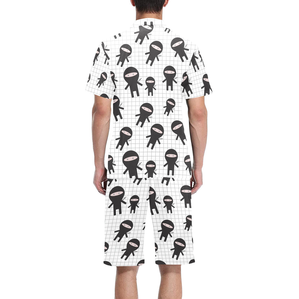 Ninja pattern plaid background Men's V-Neck Short Pajama Set