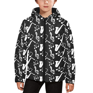 Saxophone music notes treble clef black white them Kids' Boys' Girls' Padded Hooded Jacket