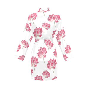 Pink lotus waterlily pattern Women's Long Sleeve Belted Night Robe