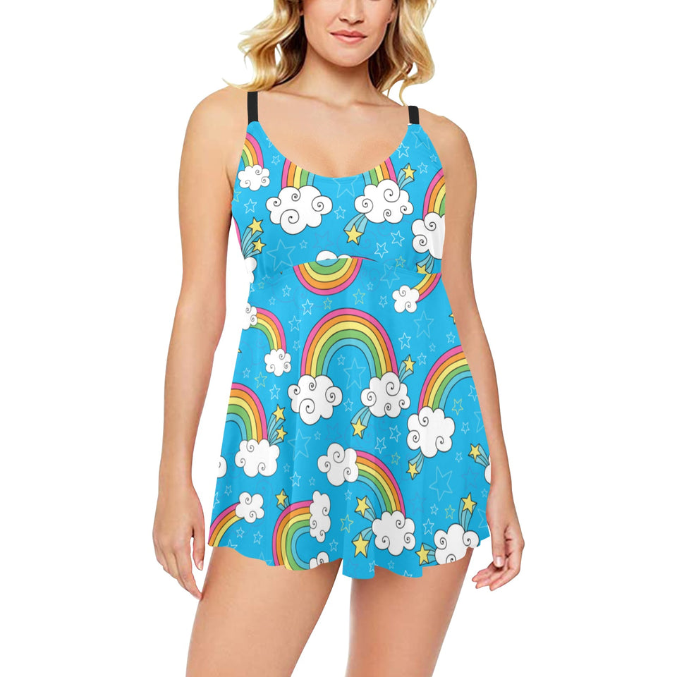 Rainbows Sky Clouds Pattern Chest Sexy Pleated Two Piece Swim Dress