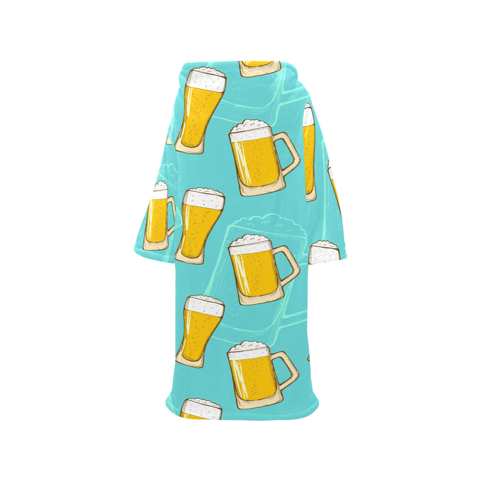 Beer pattern green background Blanket Robe with Sleeves