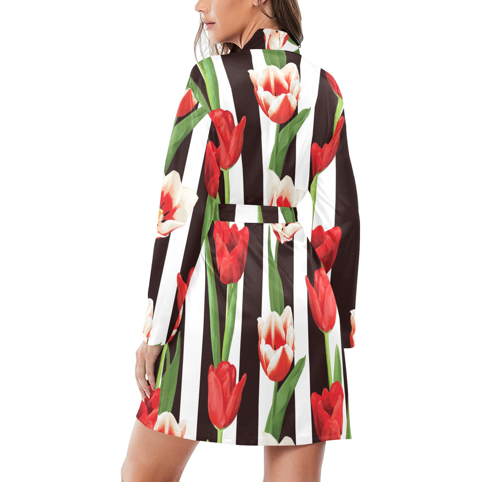 red and white tulips pattern Women's Long Sleeve Belted Night Robe