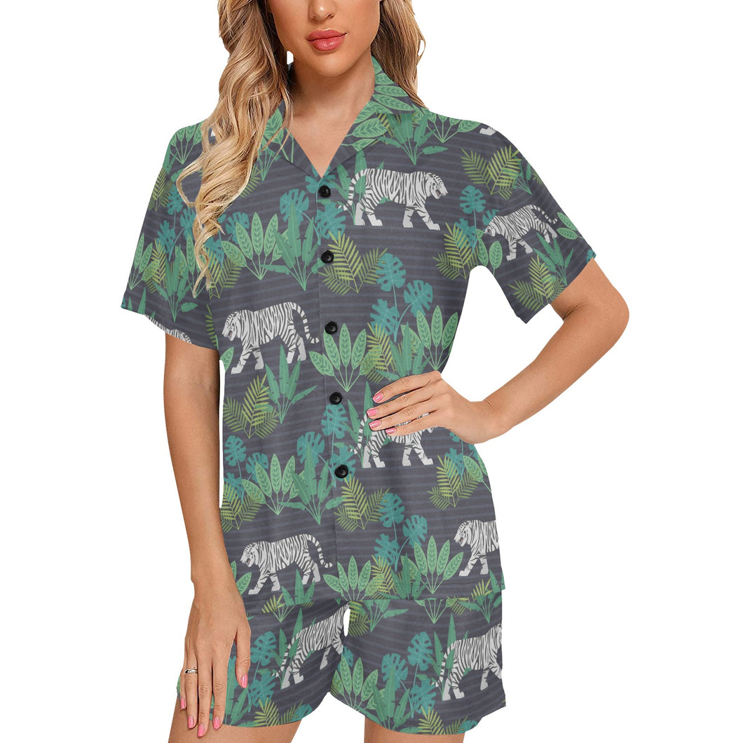 white bengal tigers tropical plant Women's V-Neck Short Pajama Set
