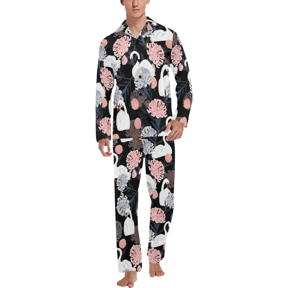 white swan blooming flower pattern Men's Long Pajama Set