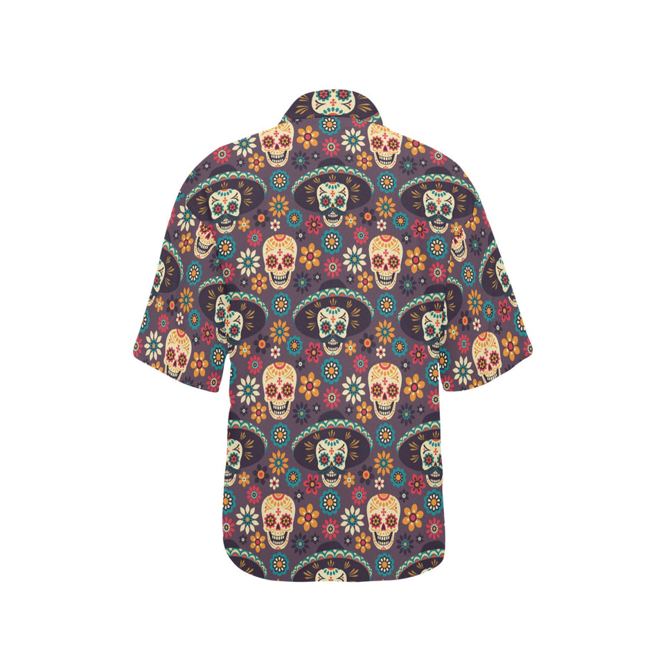 Sugar skulls flower maxican pattern Women's All Over Print Hawaiian Shirt