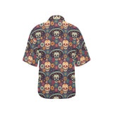Sugar skulls flower maxican pattern Women's All Over Print Hawaiian Shirt