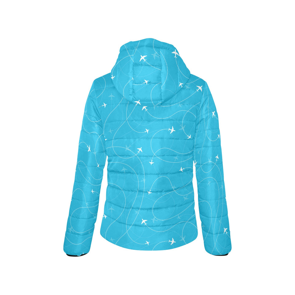 Airplane destinations blue background Women's Padded Hooded Jacket