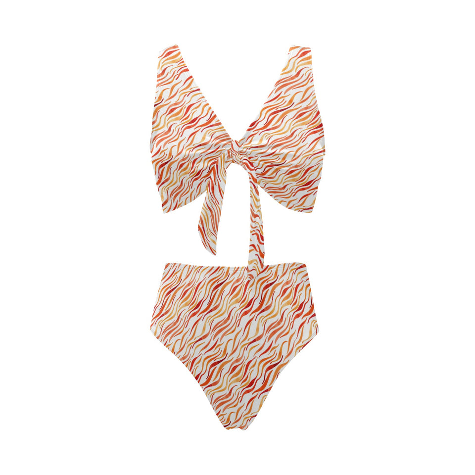 Fire flame watercolor pattern Chest Bowknot High Waisted Bikini Swimsuit