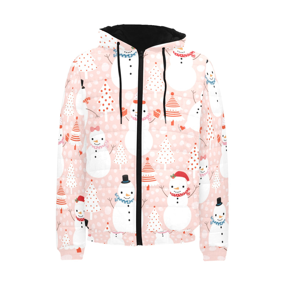 Cute snowman christmas tree snowpink background Men's Padded Hooded Jacket