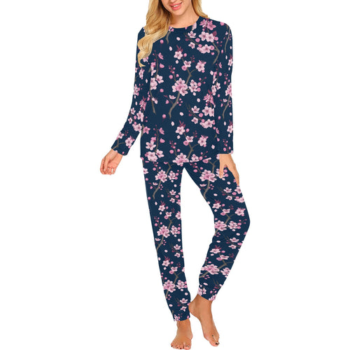 Pink sakura cherry blossom blue background Women's All Over Print Pajama Set