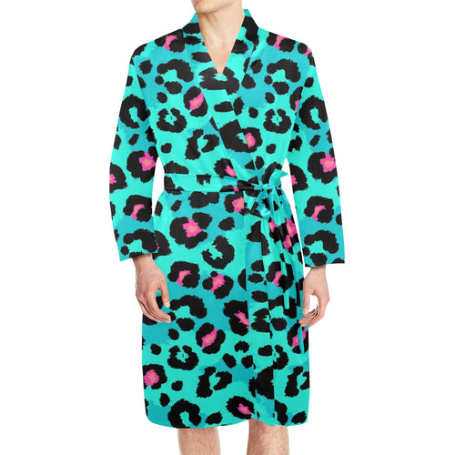 Green leopard skin print pattern Men's Long Sleeve Belted Night Robe