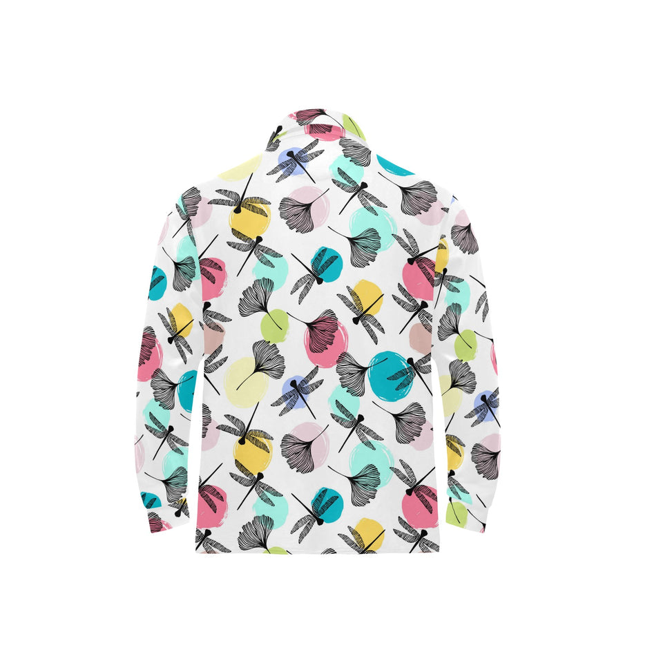 Dragonflies ginkgo leaves pattern Men's Long Sleeve Polo Shirt