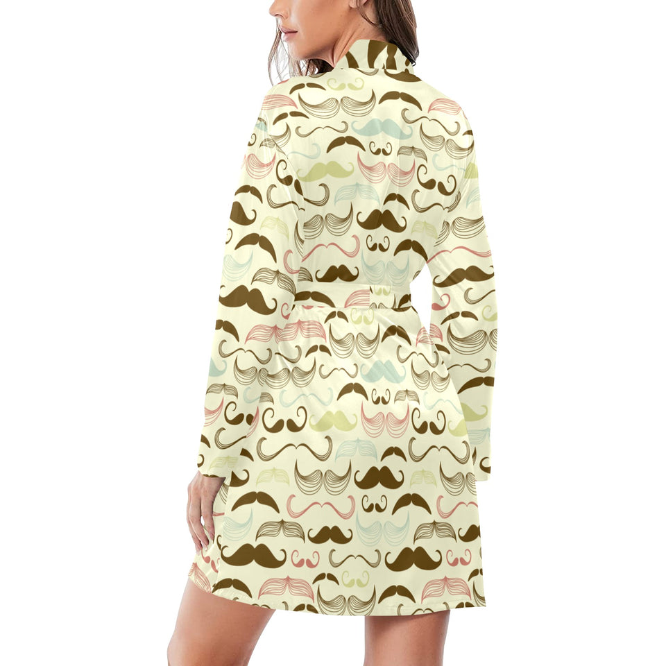 Mustache Beard Pattern Print Design 01 Women's Long Sleeve Belted Night Robe