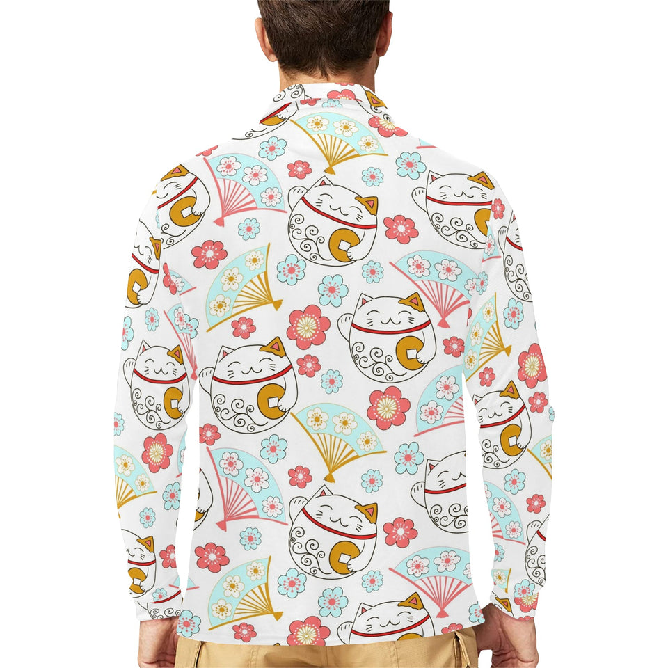 Maneki neko cat fan sakura Men's Long Sleeve Polo Shirt