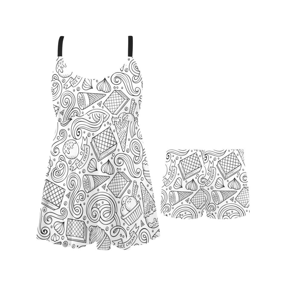 Cartoon hand drawn ice cream black white Chest Sexy Pleated Two Piece Swim Dress