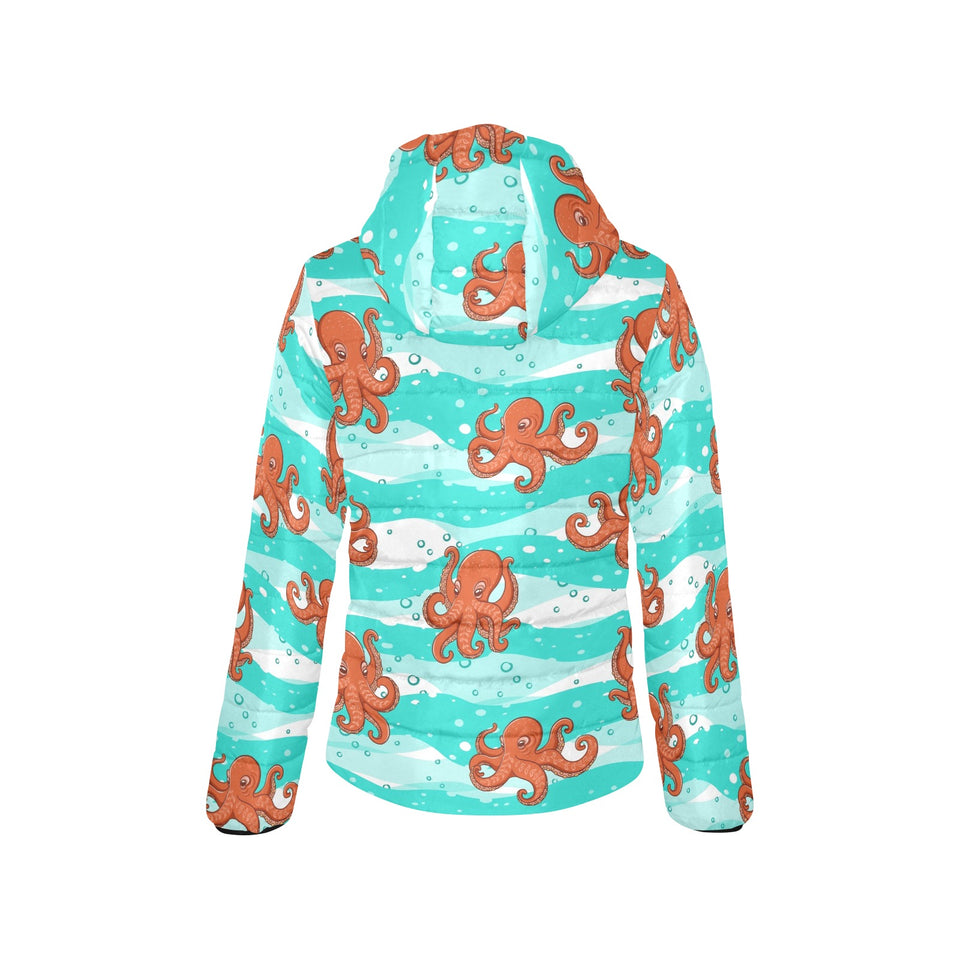 Octopuses sea wave background Women's Padded Hooded Jacket