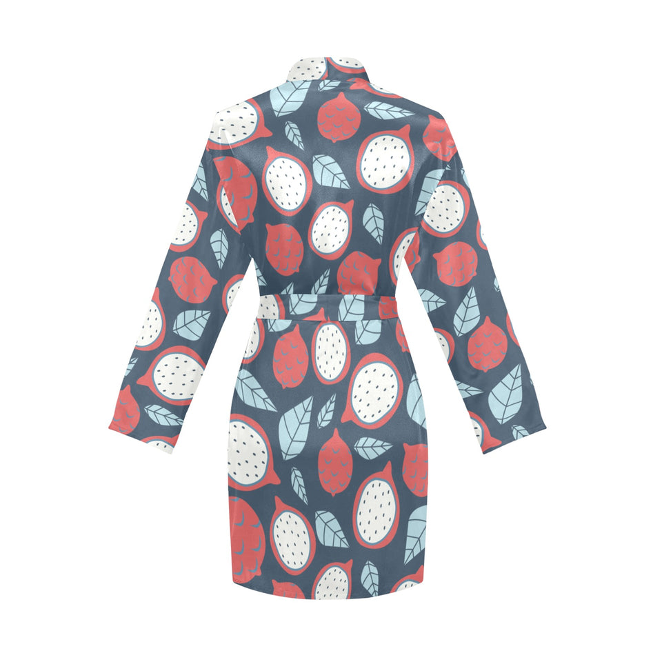 dragon fruits dark blue background Women's Long Sleeve Belted Night Robe