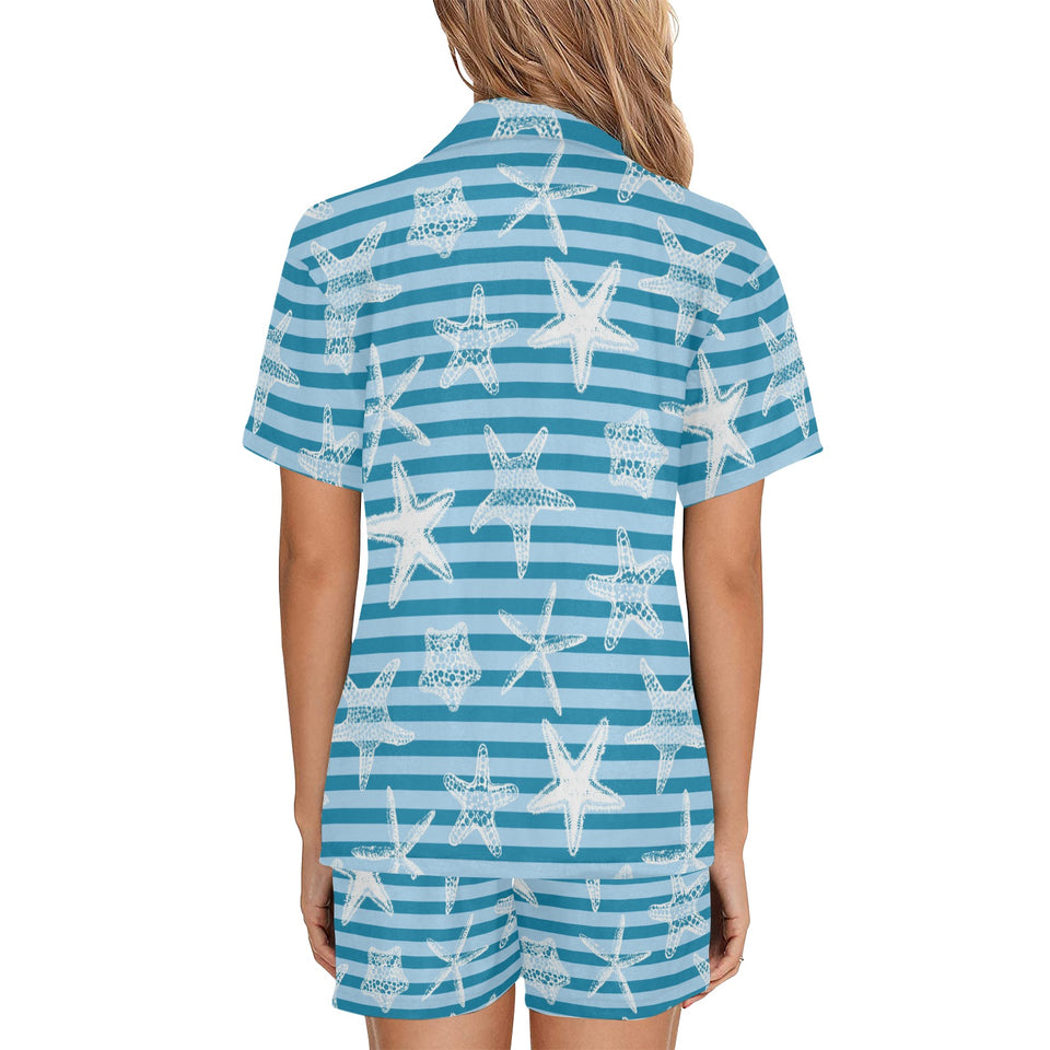 Starfish blue blackground Women's V-Neck Short Pajama Set