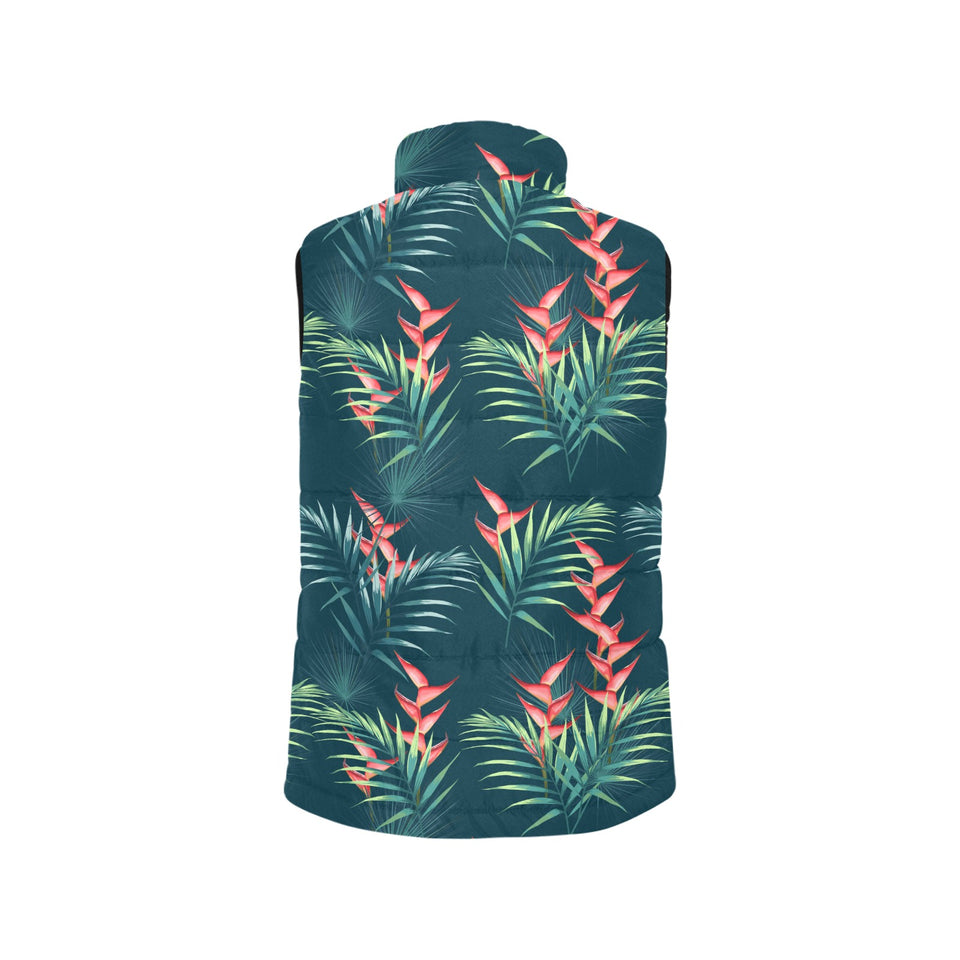 heliconia flowers, palm and monstera leaves on bla Women's Padded Vest