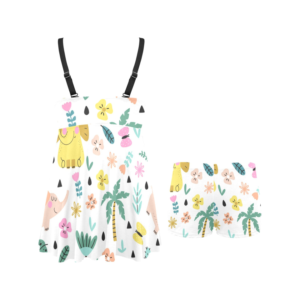 Cute elephants palm tree flower butterfly pattern Chest Sexy Pleated Two Piece Swim Dress