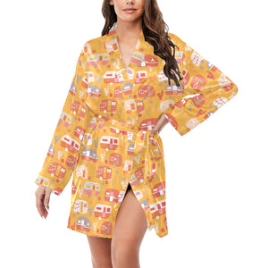 Camper Van Pattern Print Design 04 Women's Long Sleeve Belted Night Robe
