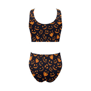 Halloween pattern Pumpkin background Chest Bowknot High Waisted Bikini Swimsuit