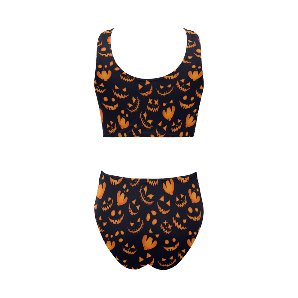 Halloween pattern Pumpkin background Chest Bowknot High Waisted Bikini Swimsuit