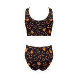 Halloween pattern Pumpkin background Chest Bowknot High Waisted Bikini Swimsuit