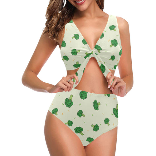 Broccoli pattern Chest Bowknot High Waisted Bikini Swimsuit