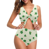 Broccoli pattern Chest Bowknot High Waisted Bikini Swimsuit