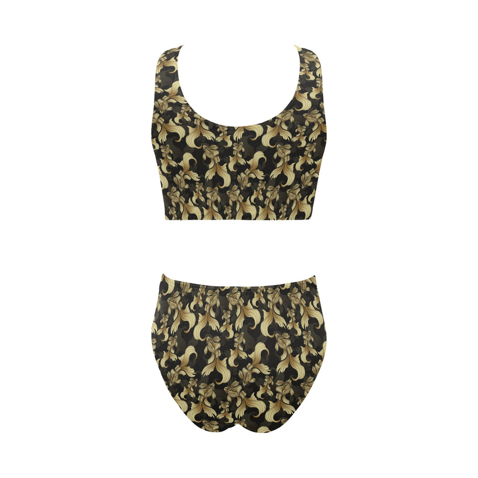 Goldfish Pattern Print Design 01 Chest Bowknot High Waisted Bikini Swimsuit