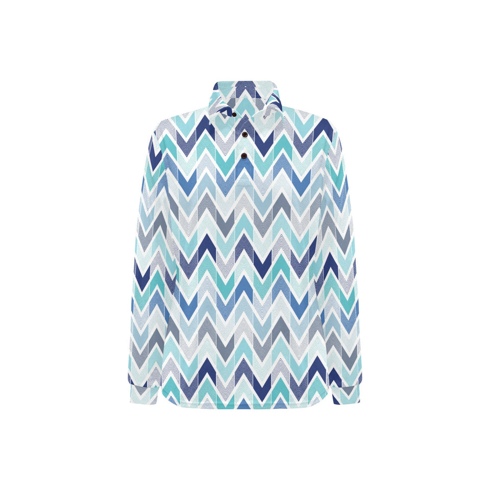 zigzag chevron blue pattern Women's Long Sleeve Polo Shirt