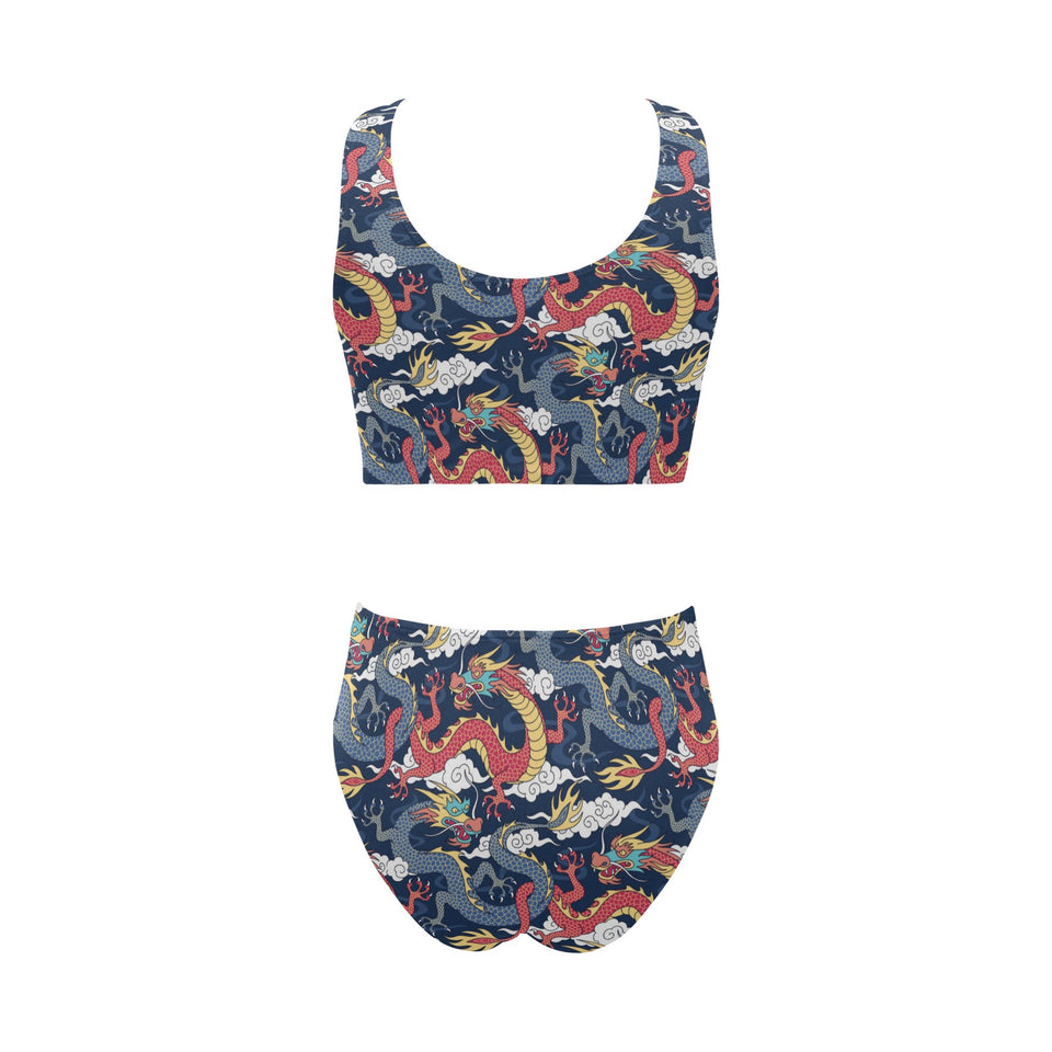 Blue red dragon cloud pattern Chest Bowknot High Waisted Bikini Swimsuit
