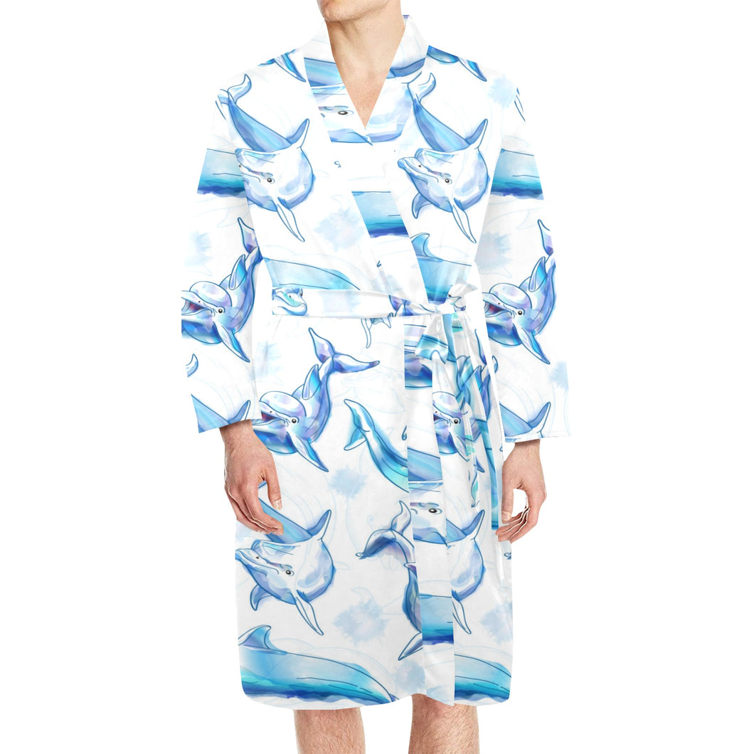 Watercolor dolphin pattern Men's Long Sleeve Belted Night Robe