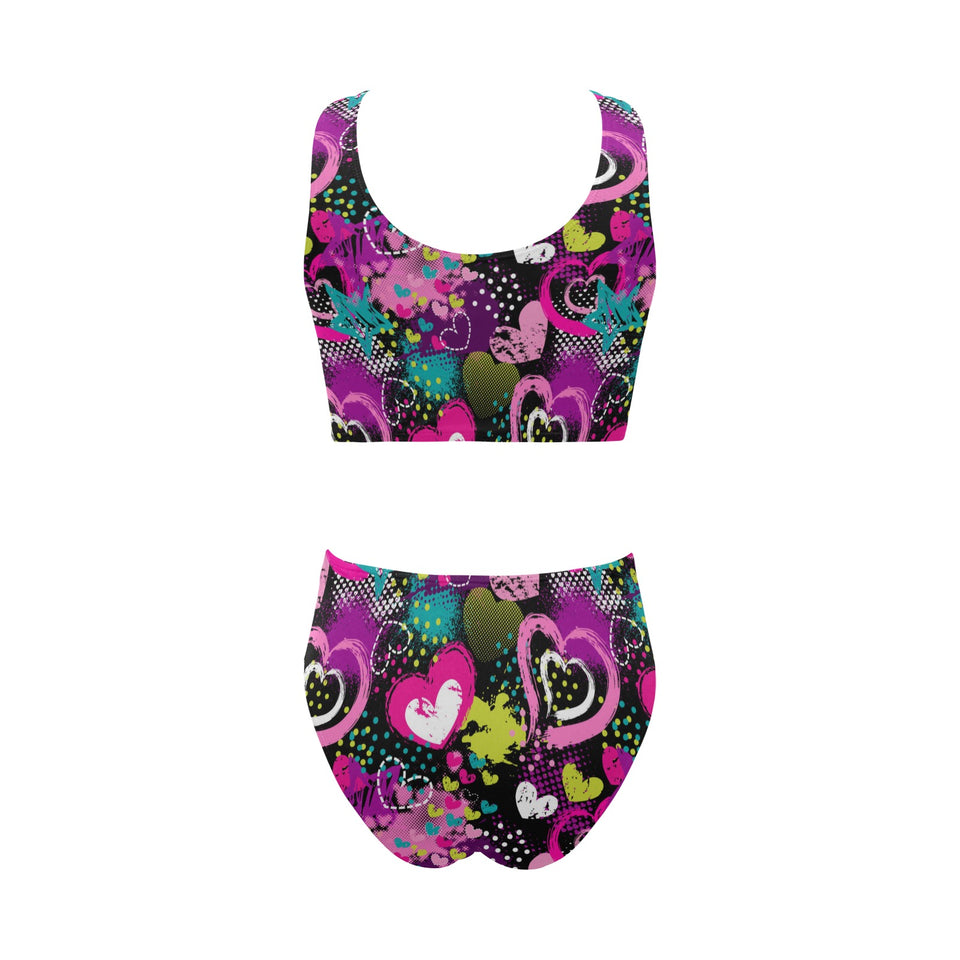 heart dot wave star creative design pattern Chest Bowknot High Waisted Bikini Swimsuit