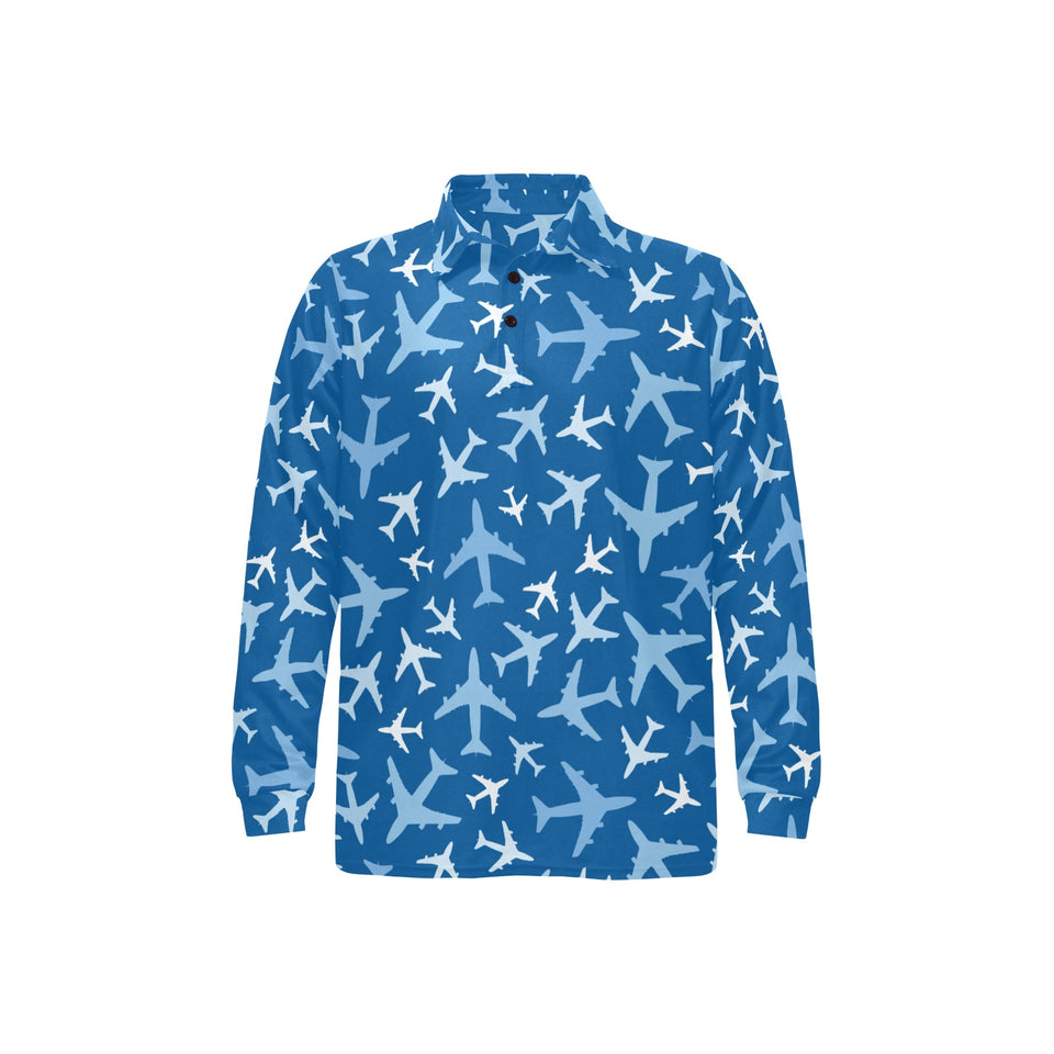 Airplane pattern in the sky Men's Long Sleeve Polo Shirt