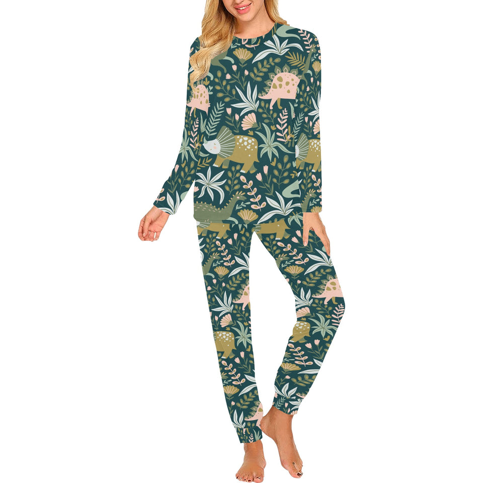 dinosaurs tropical leaves flower pattern Women's All Over Print Pajama Set