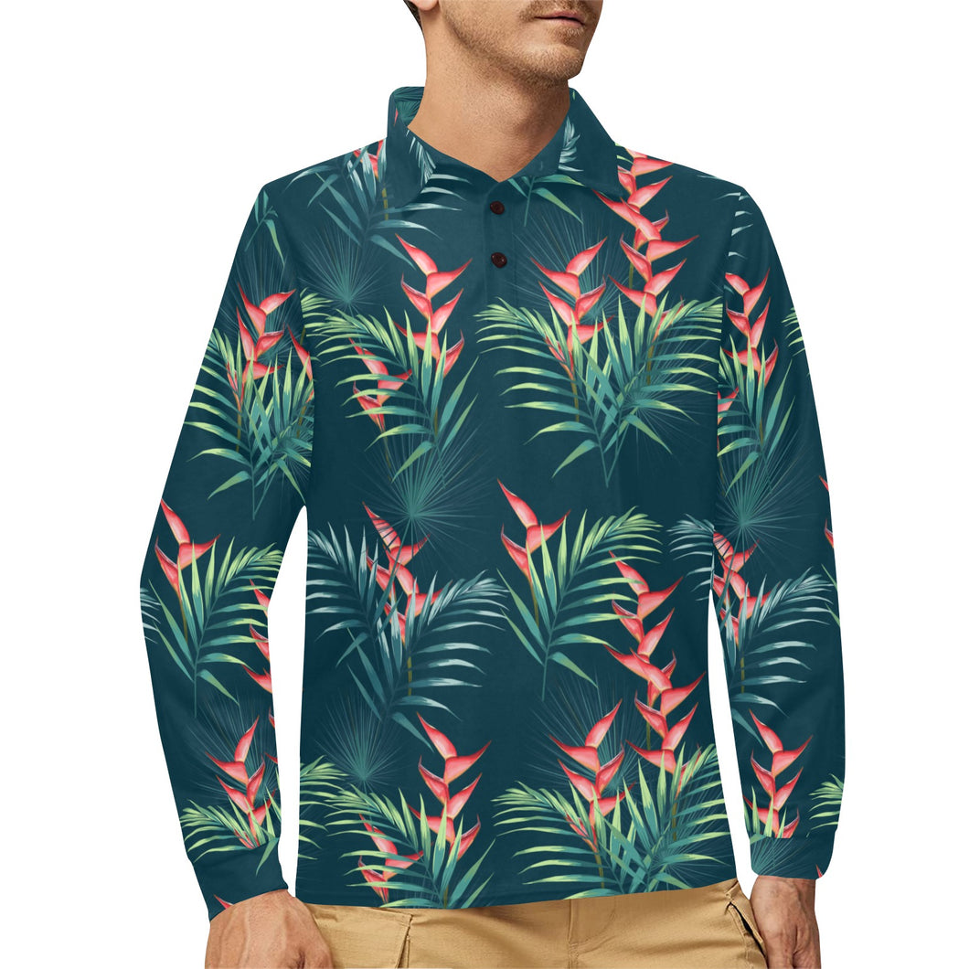 heliconia flowers, palm and monstera leaves on bla Men's Long Sleeve Polo Shirt