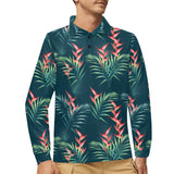 heliconia flowers, palm and monstera leaves on bla Men's Long Sleeve Polo Shirt