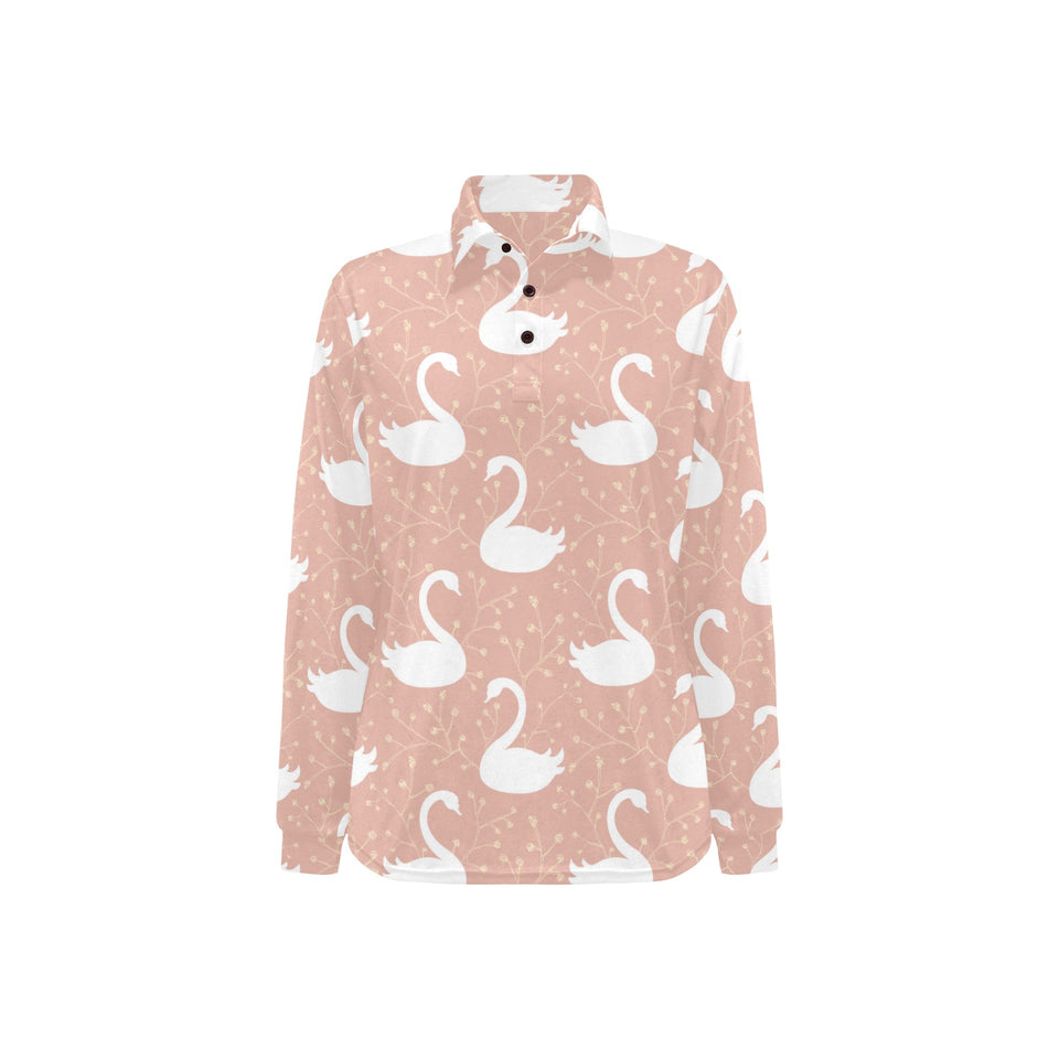 Swan flower light pink background Women's Long Sleeve Polo Shirt