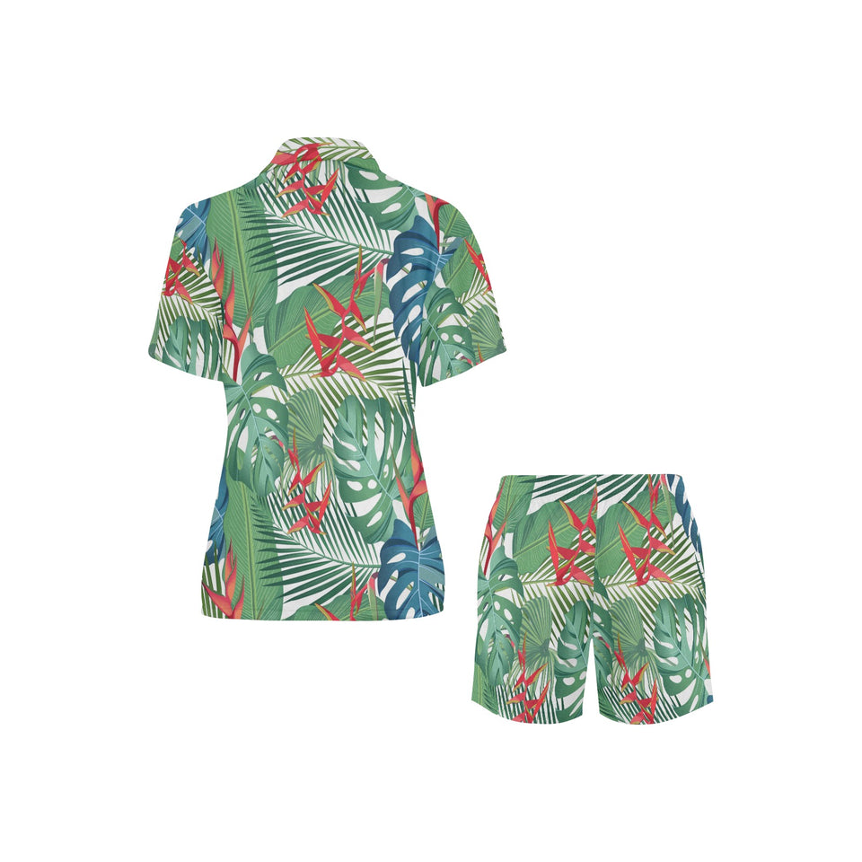 heliconia palm and monstera leaves pattern Women's V-Neck Short Pajama Set