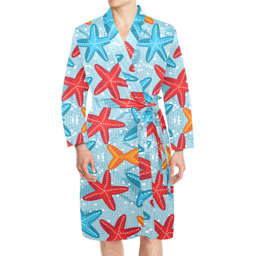 Blue red orange starfish pattern Men's Long Sleeve Belted Night Robe