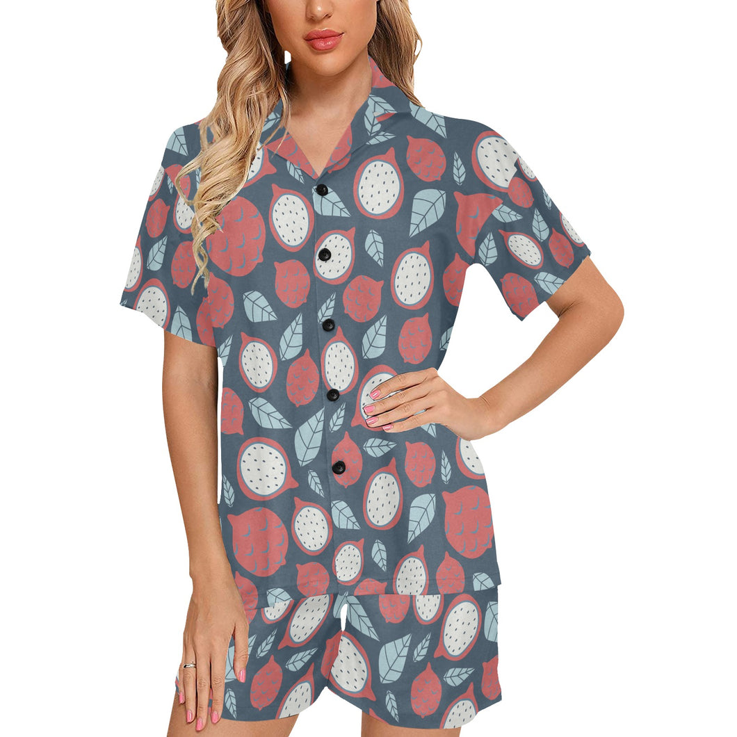 dragon fruits dark blue background Women's V-Neck Short Pajama Set