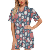 dragon fruits dark blue background Women's V-Neck Short Pajama Set