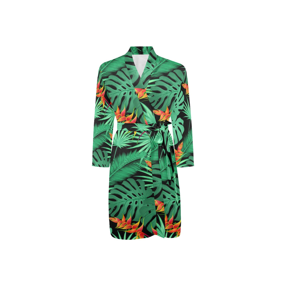 heliconia flower palm monstera leaves black backgr Men's Long Sleeve Belted Night Robe