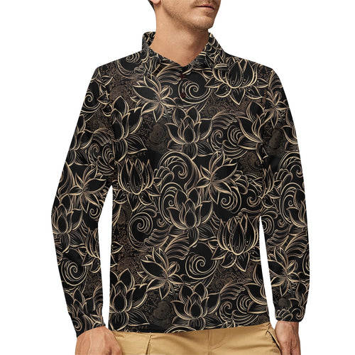luxurious gold lotus waterlily black background Men's Long Sleeve Polo Shirt